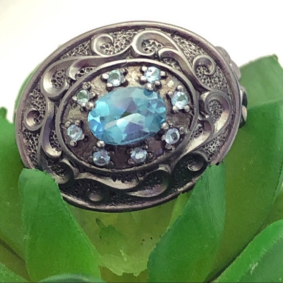 Blue Topaz Oxidized Sterling Silver Ornate Scroll Ring 10 - Picture 5 of 16